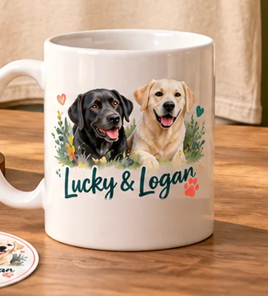 Illustrative dog design on a coffee mug
